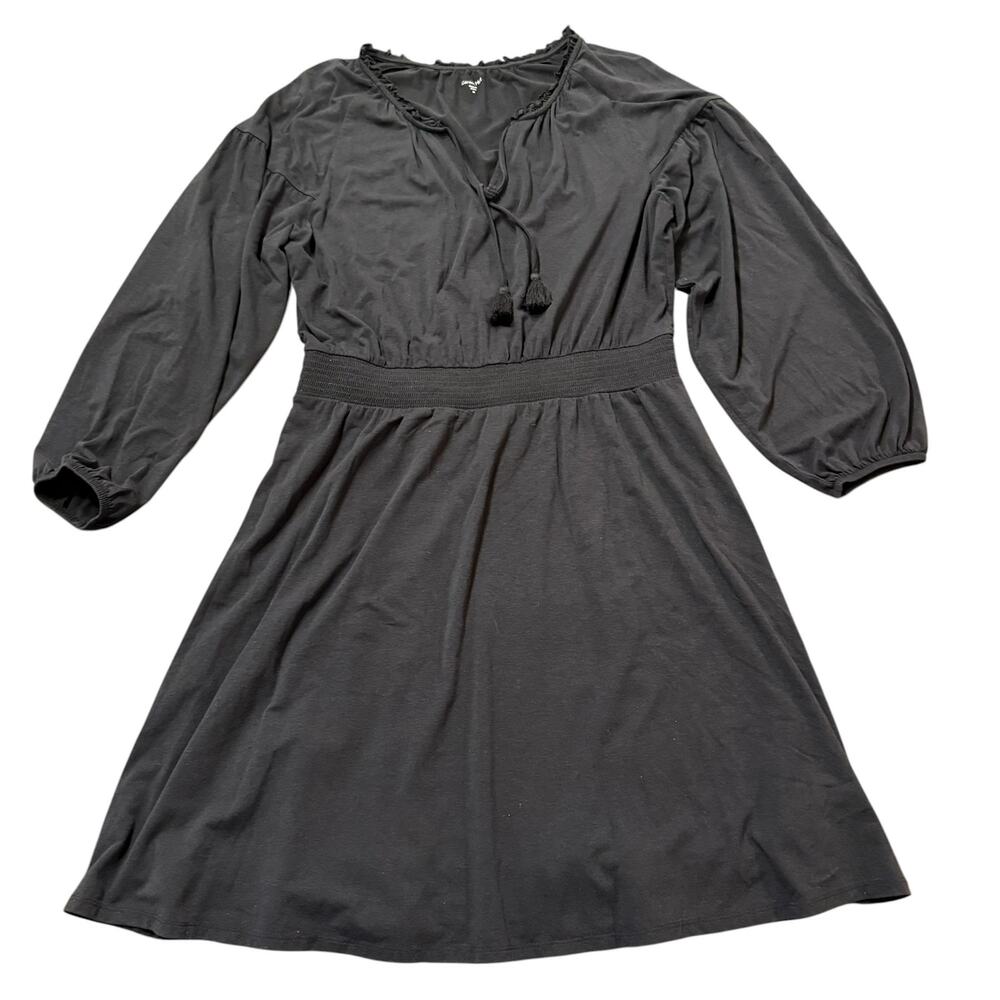 Garnet Hill Women’s black jersey dress, long sleeve, split neck, a-line, Size M